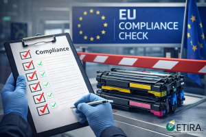 Printer cartridges undergoing an EU compliance inspection, with a checklist and EU compliance signage visible.